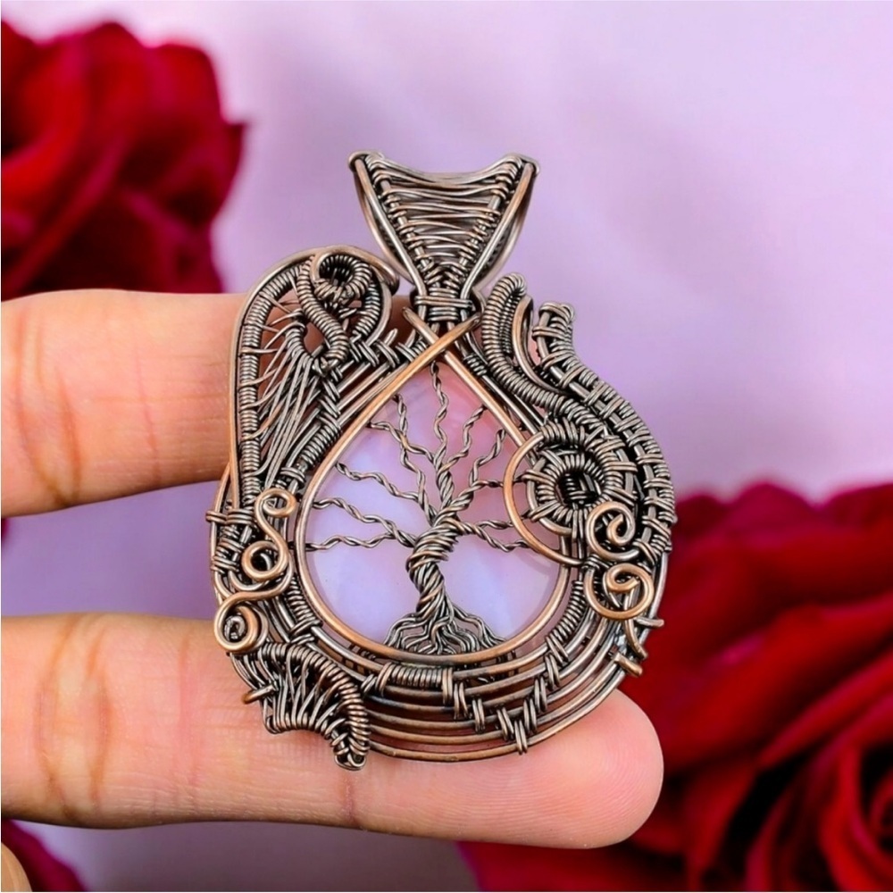 Rose Quartz Pendant Handmade Copper Wire Wrapped Necklace - Picture 1 of 7